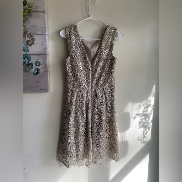 Fit and Flair Taupe Dress with lace overlay and sequin embellishments - Picture 3 of 4